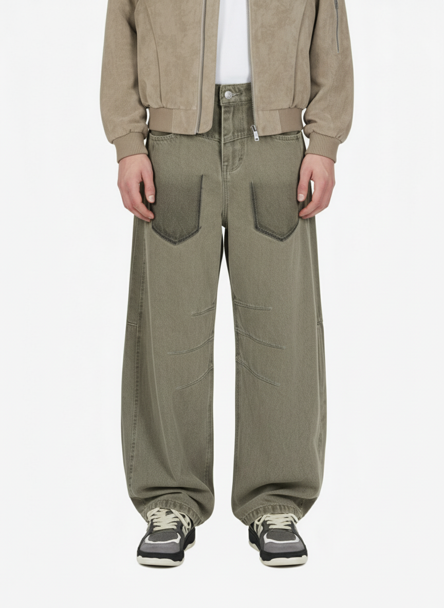 Retro 3D Pleated Patch Pocket Barrel Jeans 