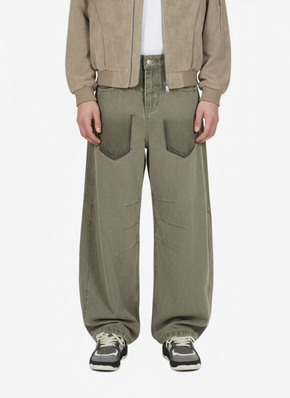 Retro 3D Pleated Patch Pocket Barrel Jeans 