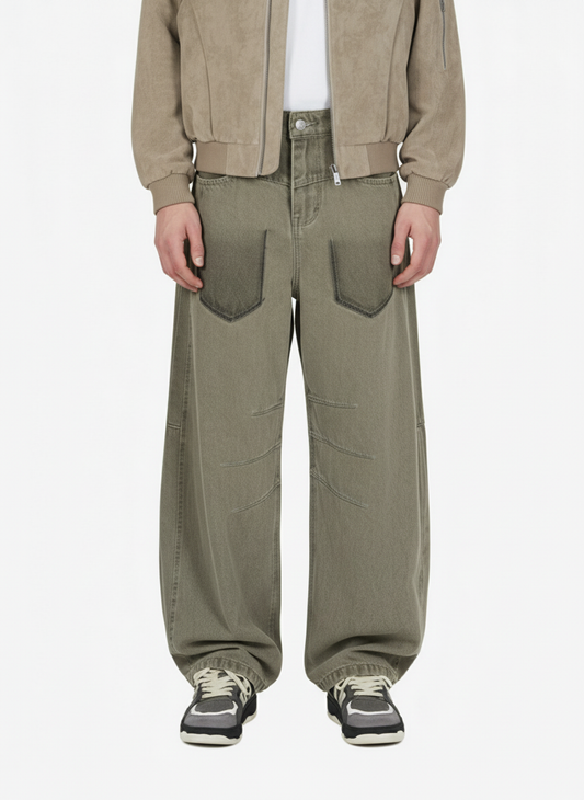 Retro 3D Pleated Patch Pocket Barrel Jeans 