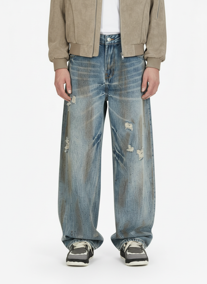 Washed Distressed Ripped Barrel Jeans - 2445 