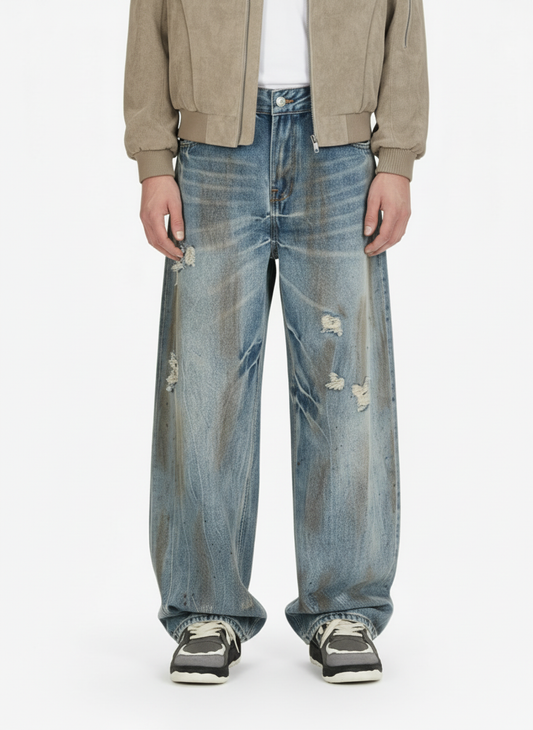 Washed Distressed Ripped Barrel Jeans - 2445 