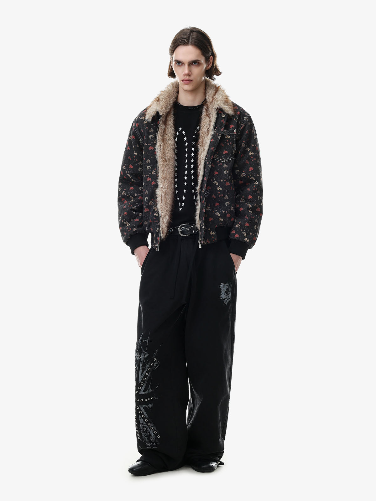 Heart Graphic Faux-Fur Collar Denim Padded Coat