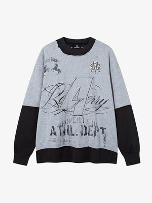 Embroidered Faux-Layered Distressed Moto Long Sleeve Tee