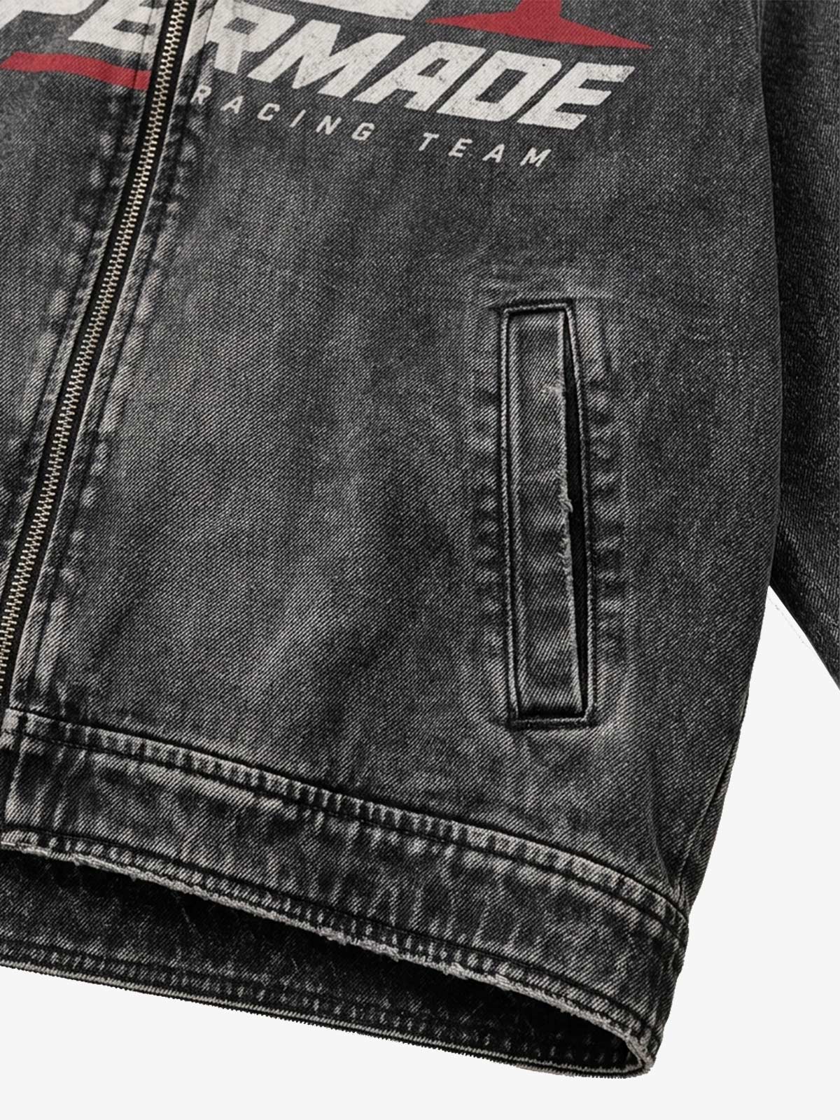 Vintage Washed Denim Graphic Print Oversized Jacket