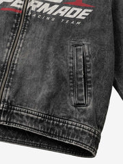 Vintage Washed Denim Graphic Print Oversized Jacket