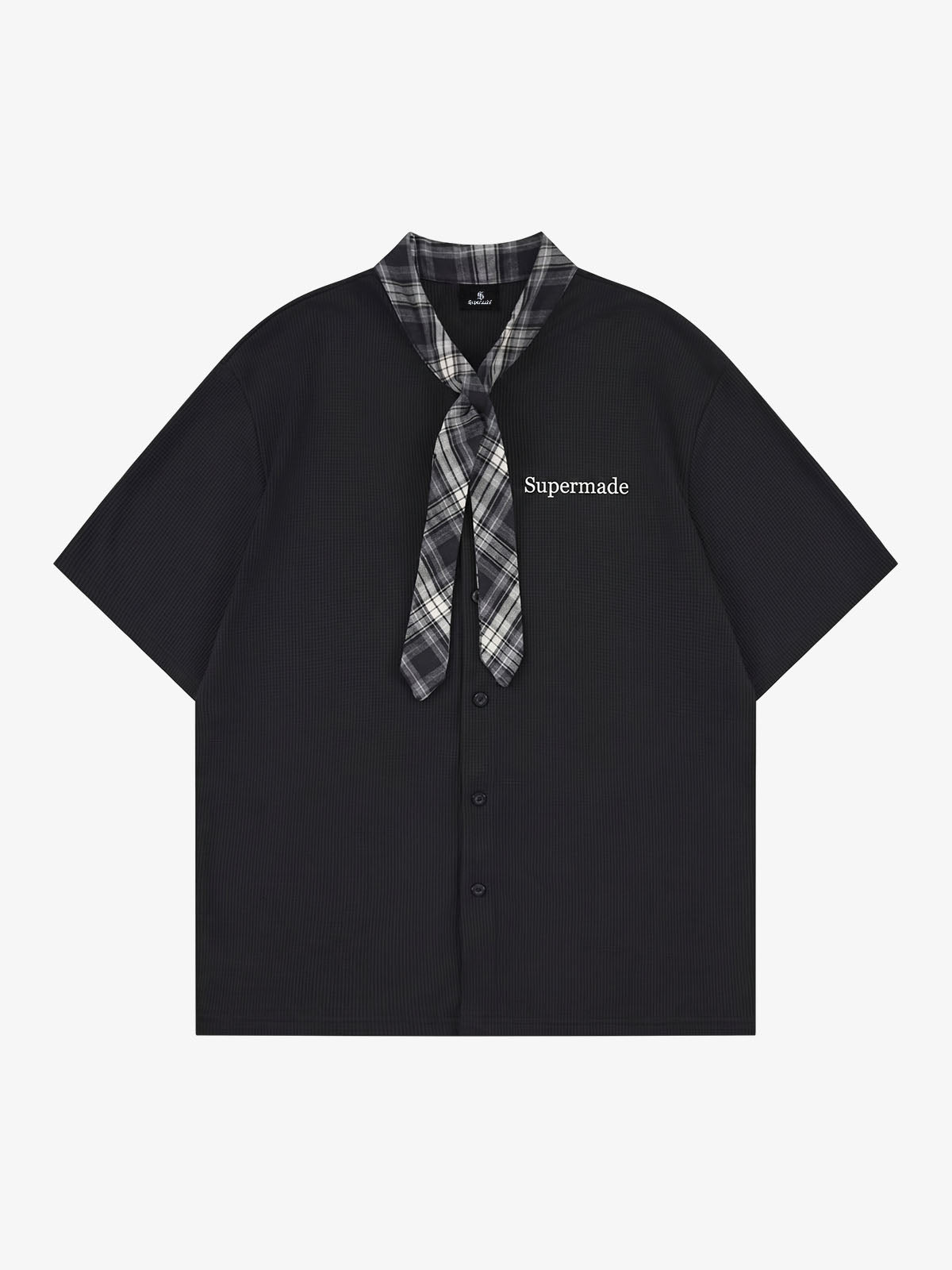 Plaid Scarf Sleeve Waffle Shirt