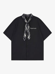 Plaid Scarf Sleeve Waffle Shirt