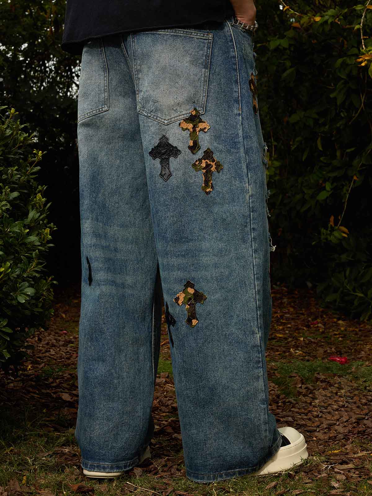 Denim Wide Leg Cropped Pants with White Stripe Design High Waist Fashion Trousers for Women 