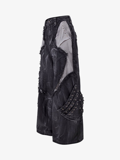 Retro Distressed Studded Heavy-Duty Functional Jeans 