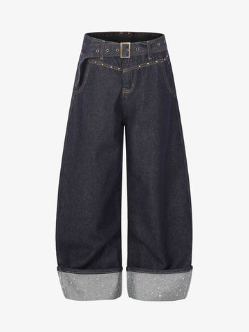 Thesupermade Raw Denim Rhinestone Turn-up Baggy Jeans