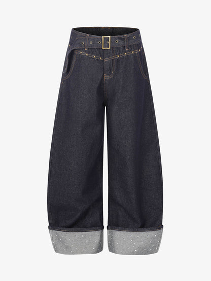 Thesupermade Raw Denim Rhinestone Turn-up Baggy Jeans