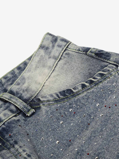Rhinestone Distressed Denim Bermuda Shorts – Wide-Leg Cotton Streetwear Shorts