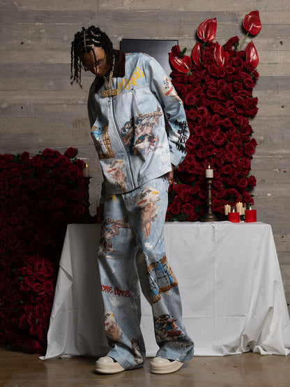 Artistic Denim Jacket and Pants Set - Perfect for Fashion-Forward Streetwear Enthusiasts 