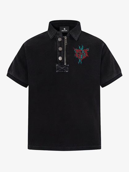 Cotton Blend Textured Polo Shirt with Red Embroidered Logo and Zipper Detail 