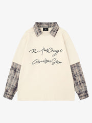チェック柄パッチワークグラフィック長袖Tシャツ