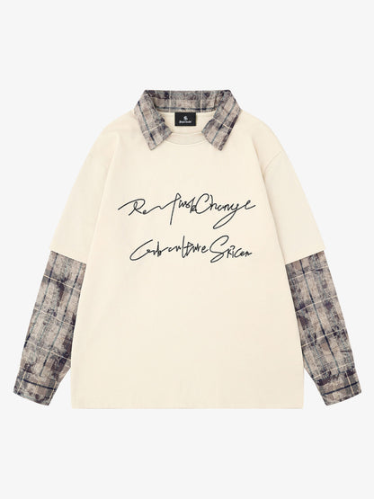 Plaid Patchwork Graphic Long Sleeve Tee