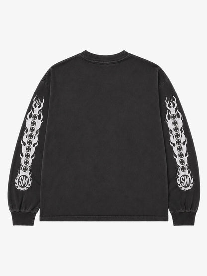 Cross Flame Graphic Distressed Long Sleeve Tee