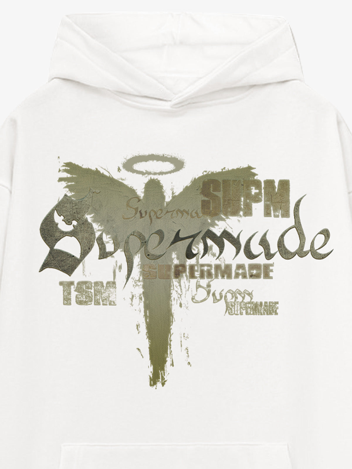 THE SUPERMADE A distressed trend print pattern hoodie that combines angel wings and gothic font elements 