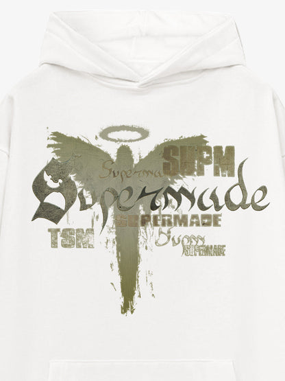 THE SUPERMADE A distressed trend print pattern hoodie that combines angel wings and gothic font elements 
