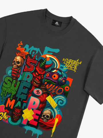 Trendy Multicolor Graffiti Skull Graphic T-Shirt 