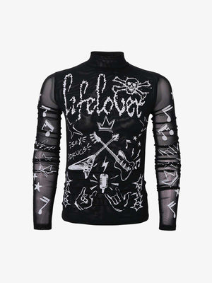Punk Graphic Mesh Long Sleeve Top 