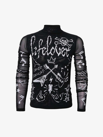 Punk Graphic Mesh Long Sleeve Top 