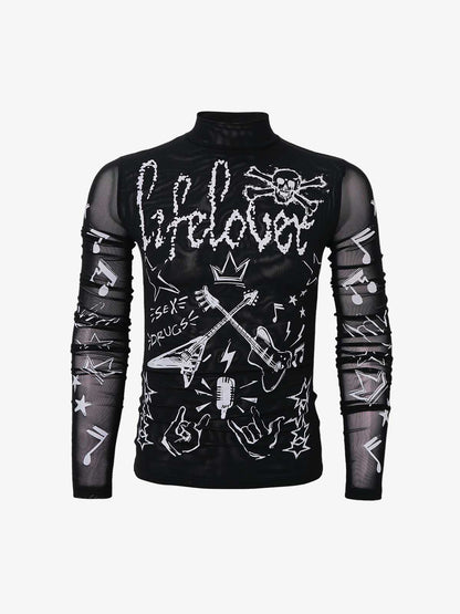 Punk Graphic Mesh Long Sleeve Top 