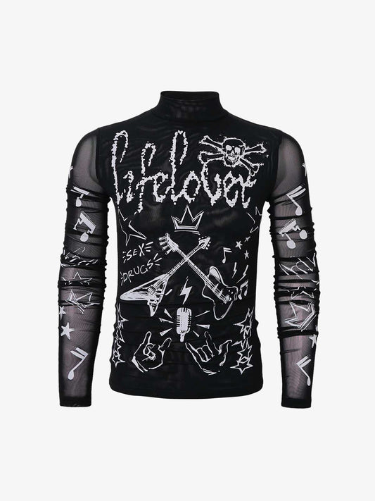 Punk Graphic Mesh Long Sleeve Top 