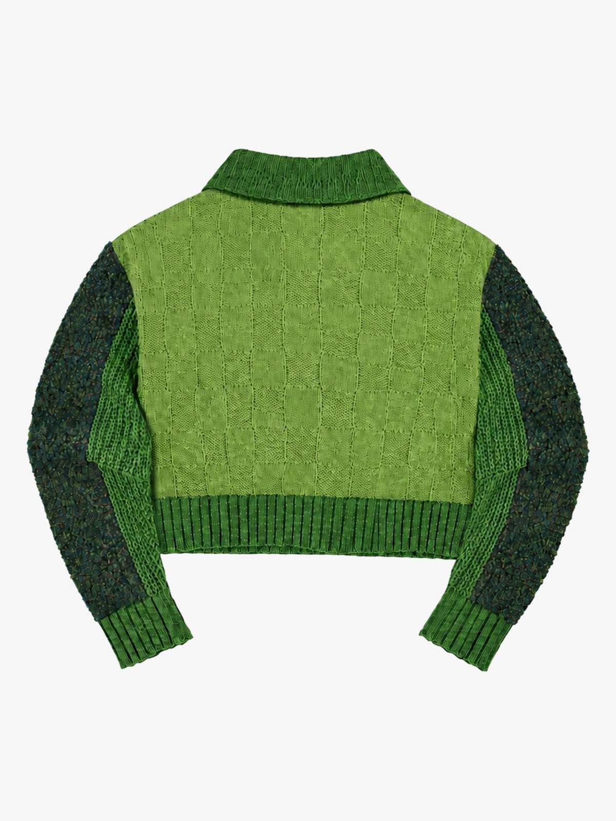 Camo Patchwork Cropped Zip Knit Sweater; Green / S, Green / M, Green / L, Green / XL, Green / 2XL