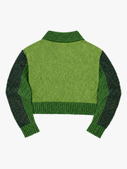 Camo Patchwork Cropped Zip Knit Sweater; Green / S, Green / M, Green / L, Green / XL, Green / 2XL