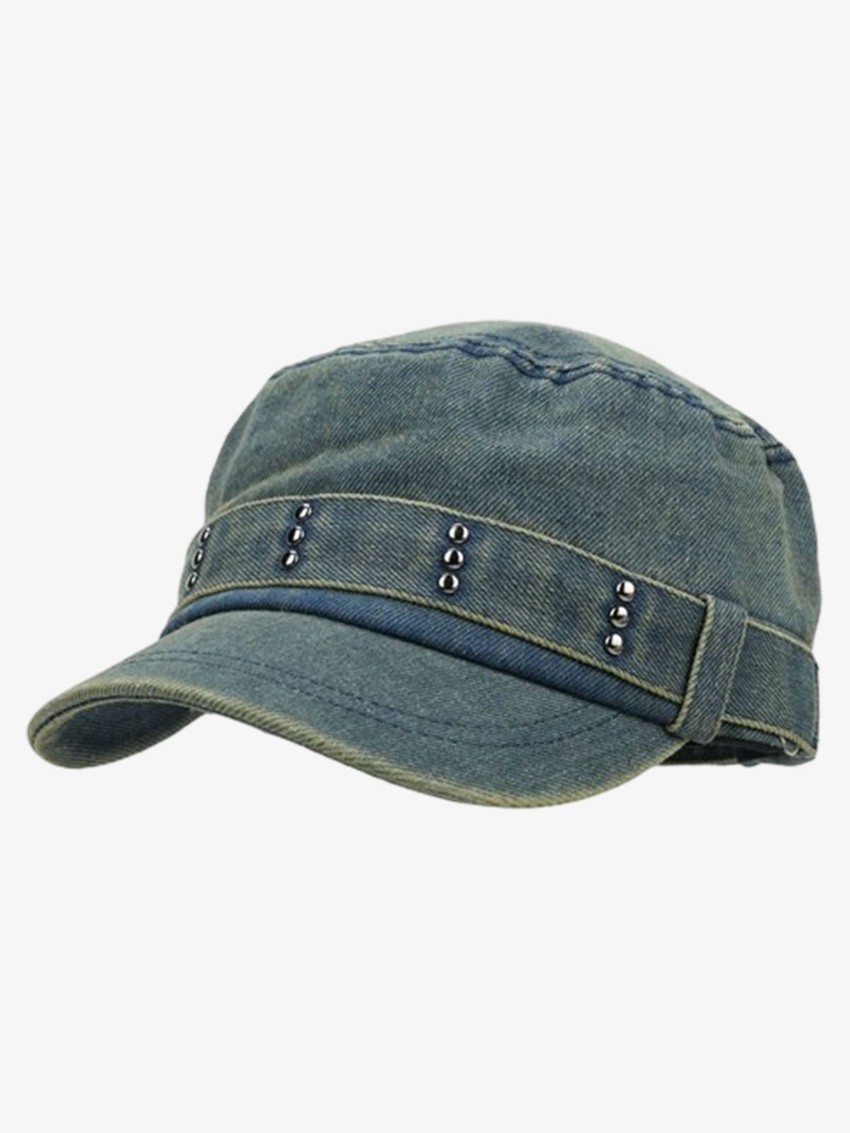 Distressed Stud Detail Cotton Flat Top Cap 