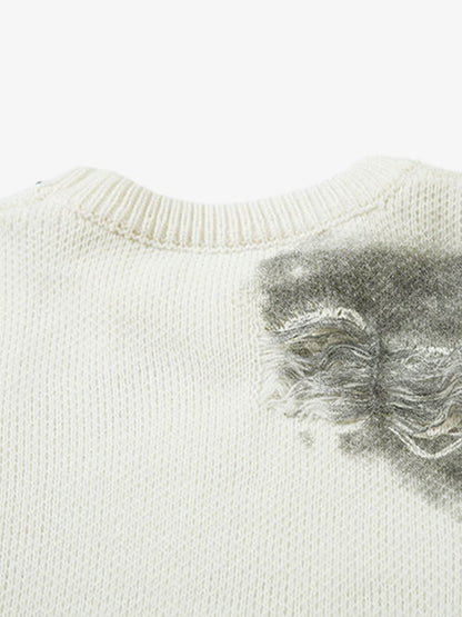 Chain Jacquard Spray-Painted Hole Round Neck Sweater 