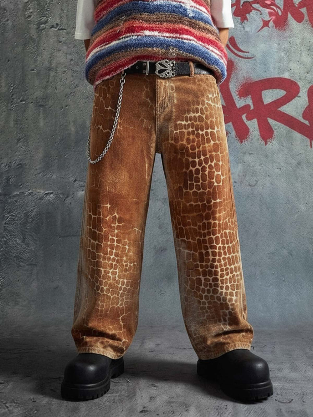 Croc Texture Washed Wide Leg Jeans 