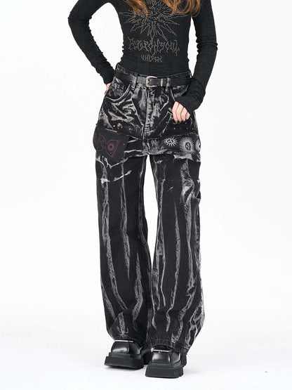 Washed Graphic Patch Baggy Jeans 