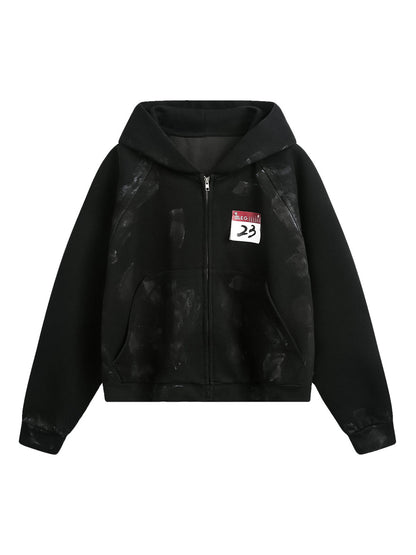 Distressed Calendar Patchwork Cardigan Hoodie 