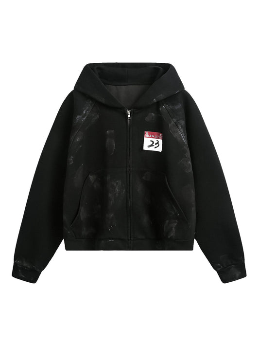 Distressed Calendar Patchwork Cardigan Hoodie 