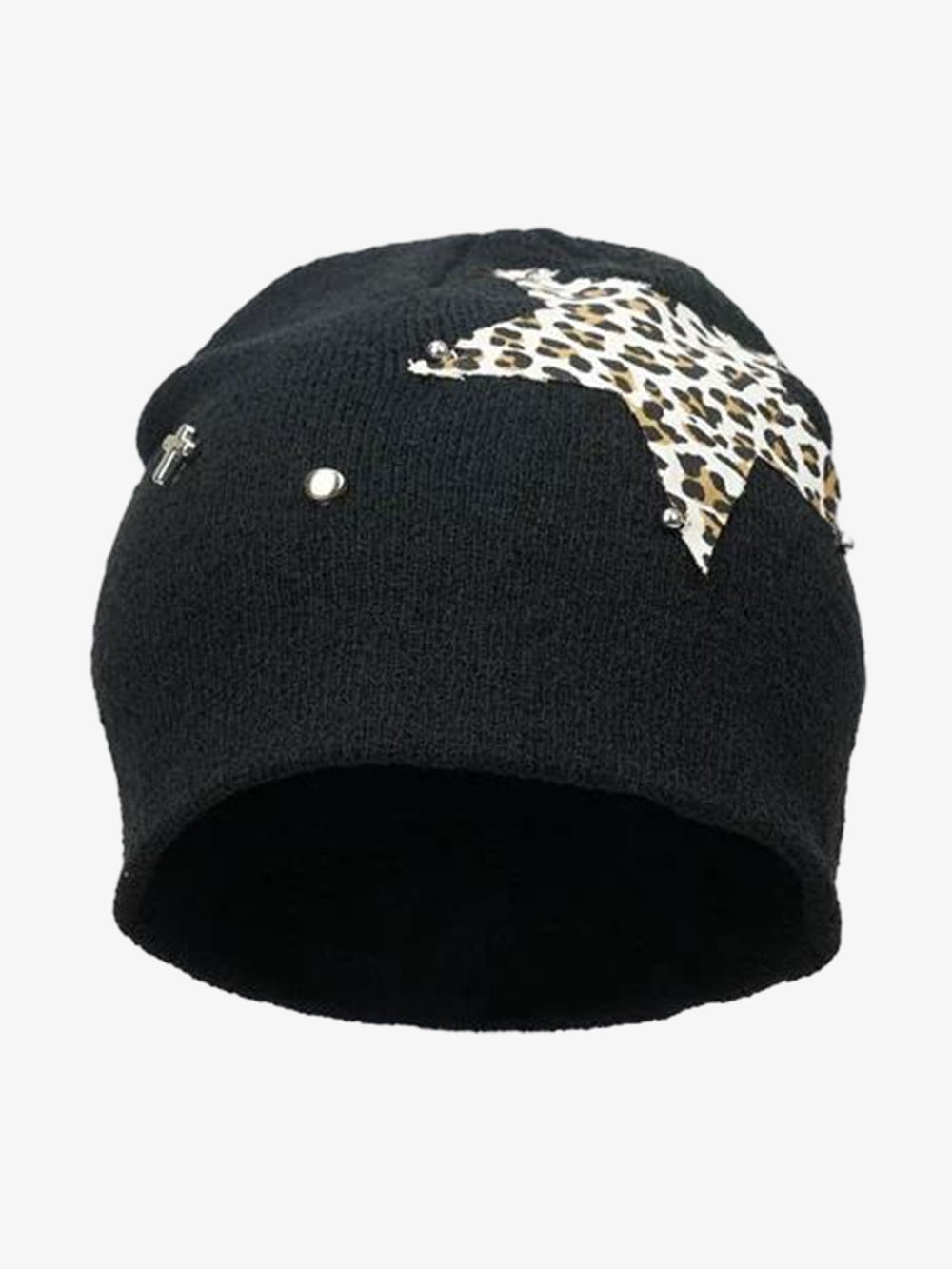 Leopard Star Appliqué Embroidered Knit Beanie