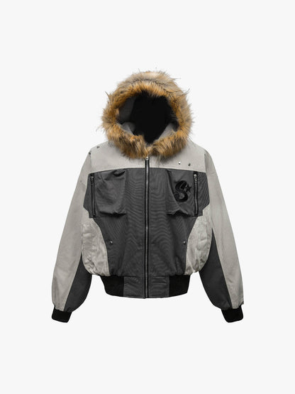 Patchwork Embroidered Fur Hooded Jacket - 2333 
