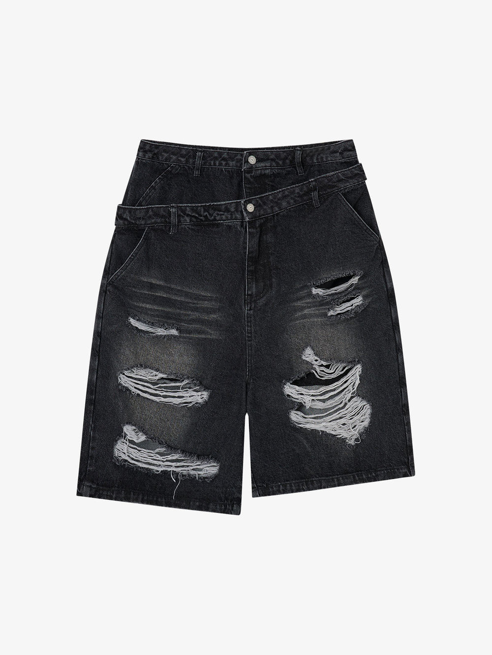 Double Waistband Ripped Denim Shorts 