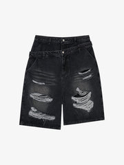 Double Waistband Ripped Denim Shorts 