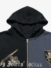 Skull Graphic Paneled Waffle Zip Hoodie