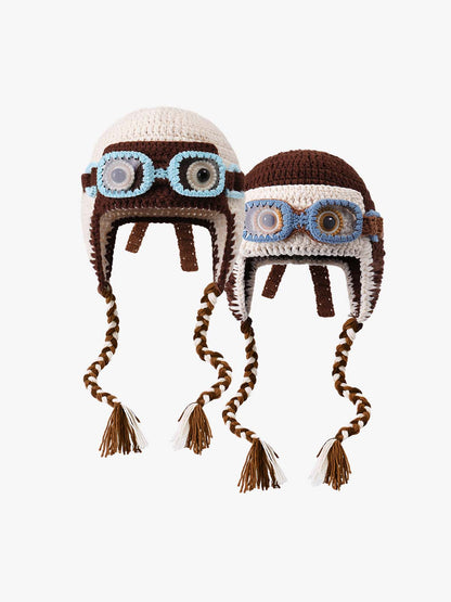 Colorblock Crochet Goggles Trapper Hat