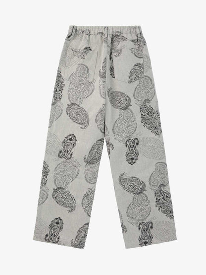Linen Printed Wide-Leg Pants with Paisley Pattern High-Waisted Comfortable Trousers for Women 