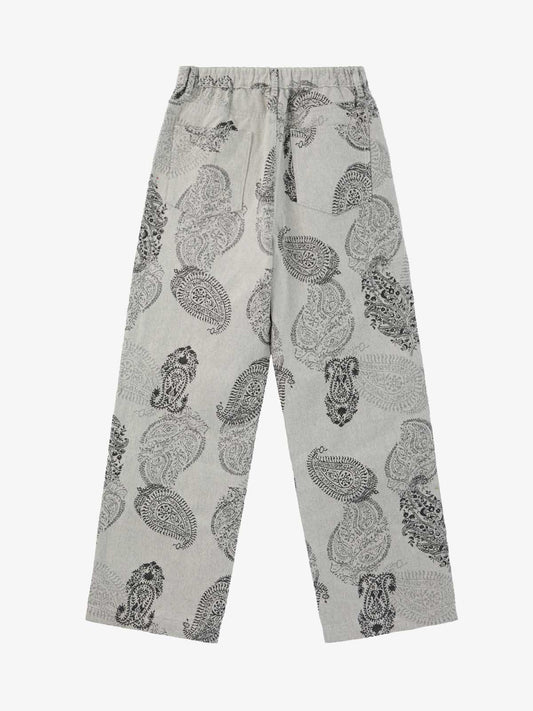Linen Printed Wide-Leg Pants with Paisley Pattern High-Waisted Comfortable Trousers for Women 