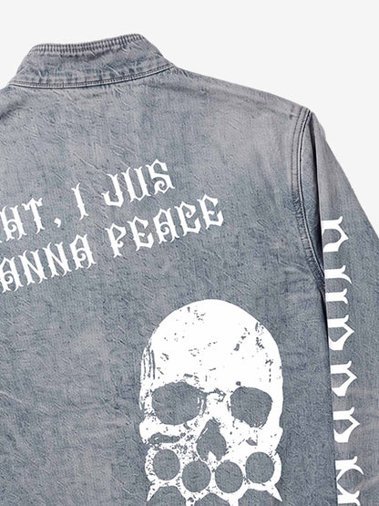 Anti-War Graphic Stand-Collar Denim Zip Jacket