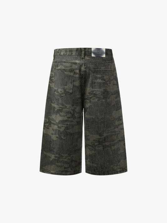 Camo Perforated Cargo Shorts – Wide-Leg Cotton Blend Utility Shorts