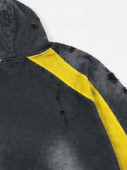 Washed Distressed Color Block Waffle Zip Hoodie