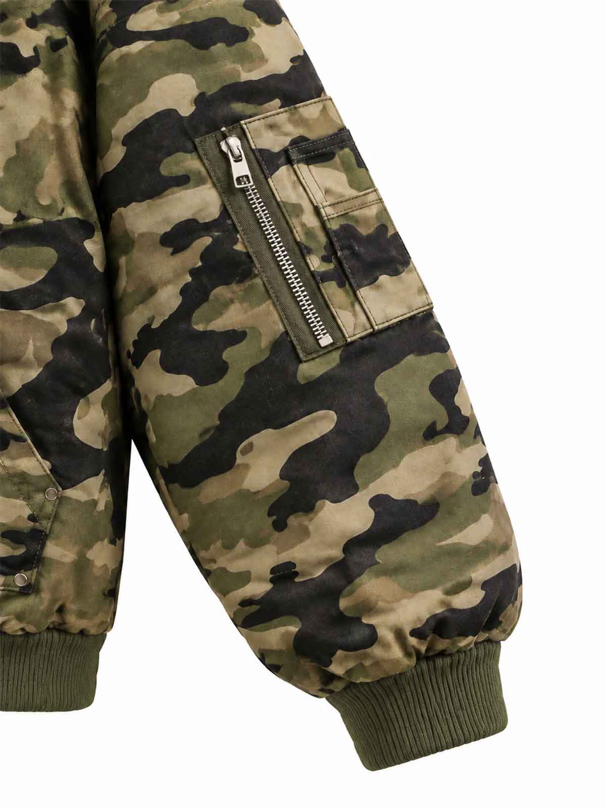 Camo Faux-Fur Trim Bomber Coat