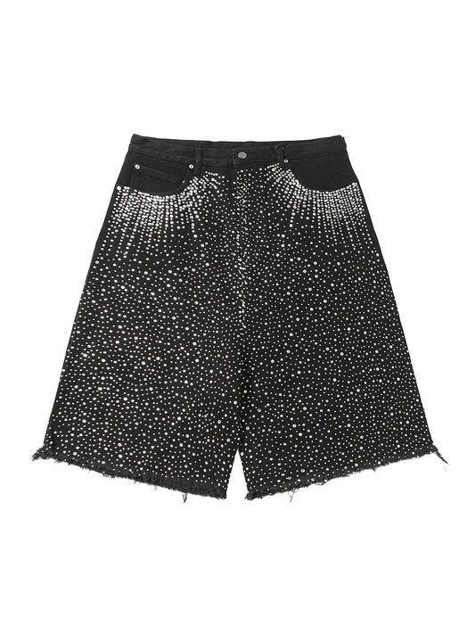Retro Washed Rhinestone Raw Edge Denim Shorts - 2419 