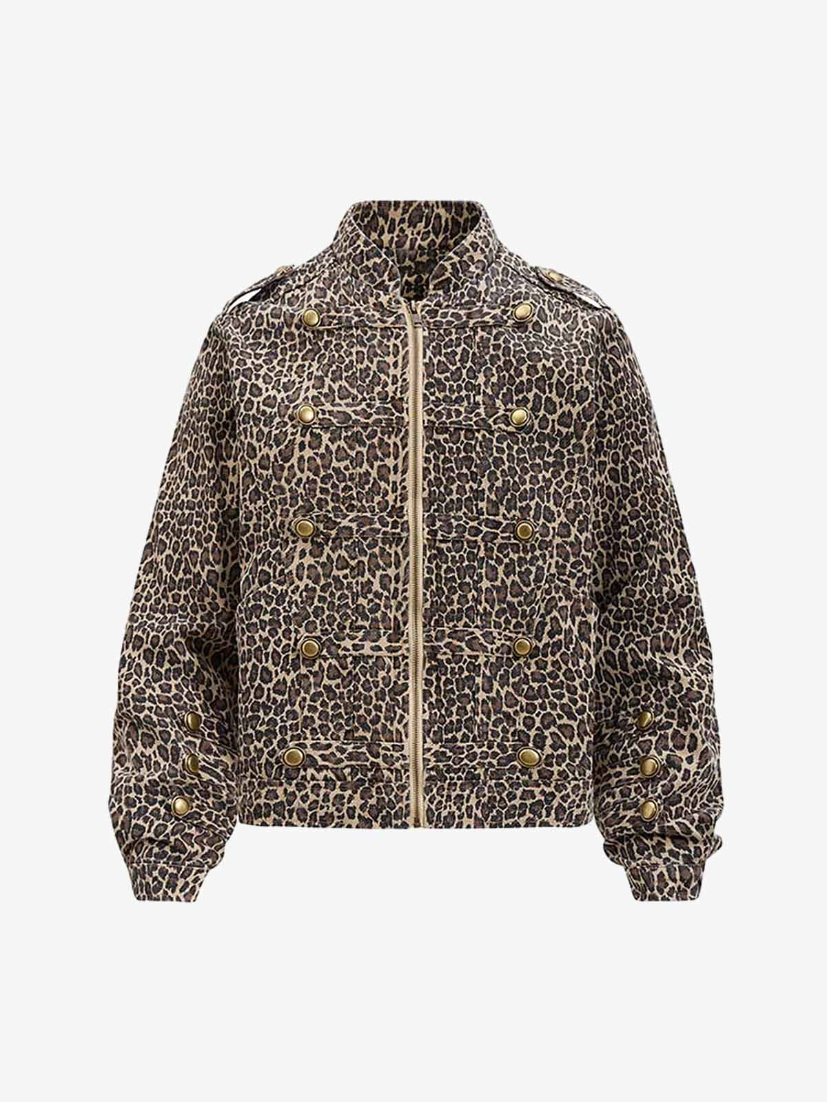 Street-style Retro Leopard Print Washed Button Denim Jacket